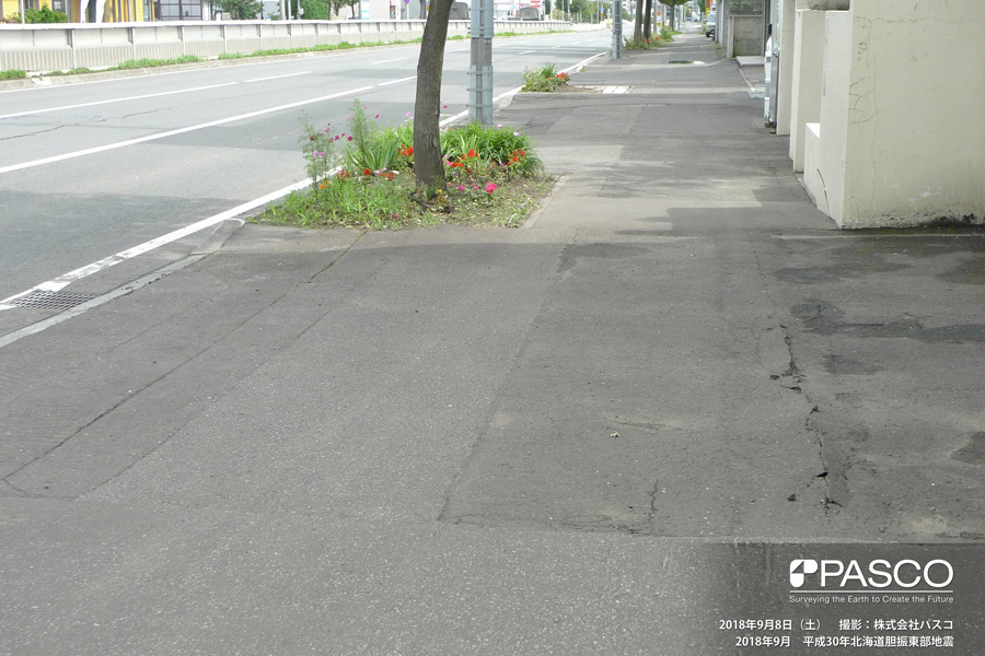 札幌市清田区清田三条1丁目付近　歩道のアスファルトに圧縮変形が生じている。旧版地形図による谷地形に直交する方向に発生していることから、地盤が道路中心方向（写真左方向）の谷の下方に向かって移動したと推定される。