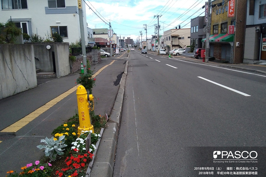 札幌市清田区清田六条2丁目～3丁目付近　歩道ブロックの転倒が見られる（写真右方向）こちから、地盤が全体的に谷方向へ移動していると推定される。