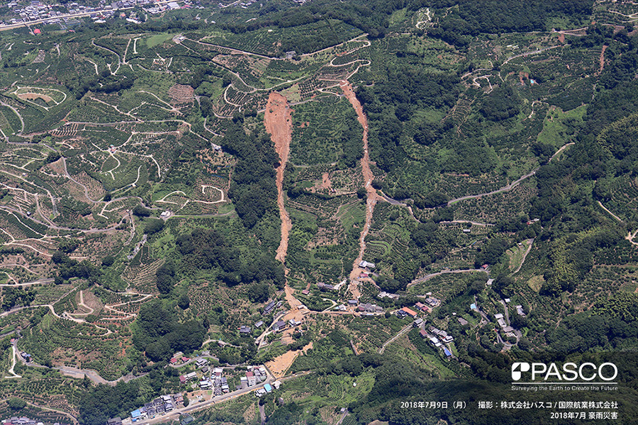 愛媛県八幡浜市保内町須川　斜面町部付近で発生した斜面崩壊の土砂が流下し、下方の住宅が倒壊