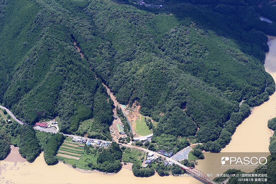 愛媛県西予市野村町河西　斜面頂部で崩壊が発生し、土砂が野村ダム貯水池に到達。